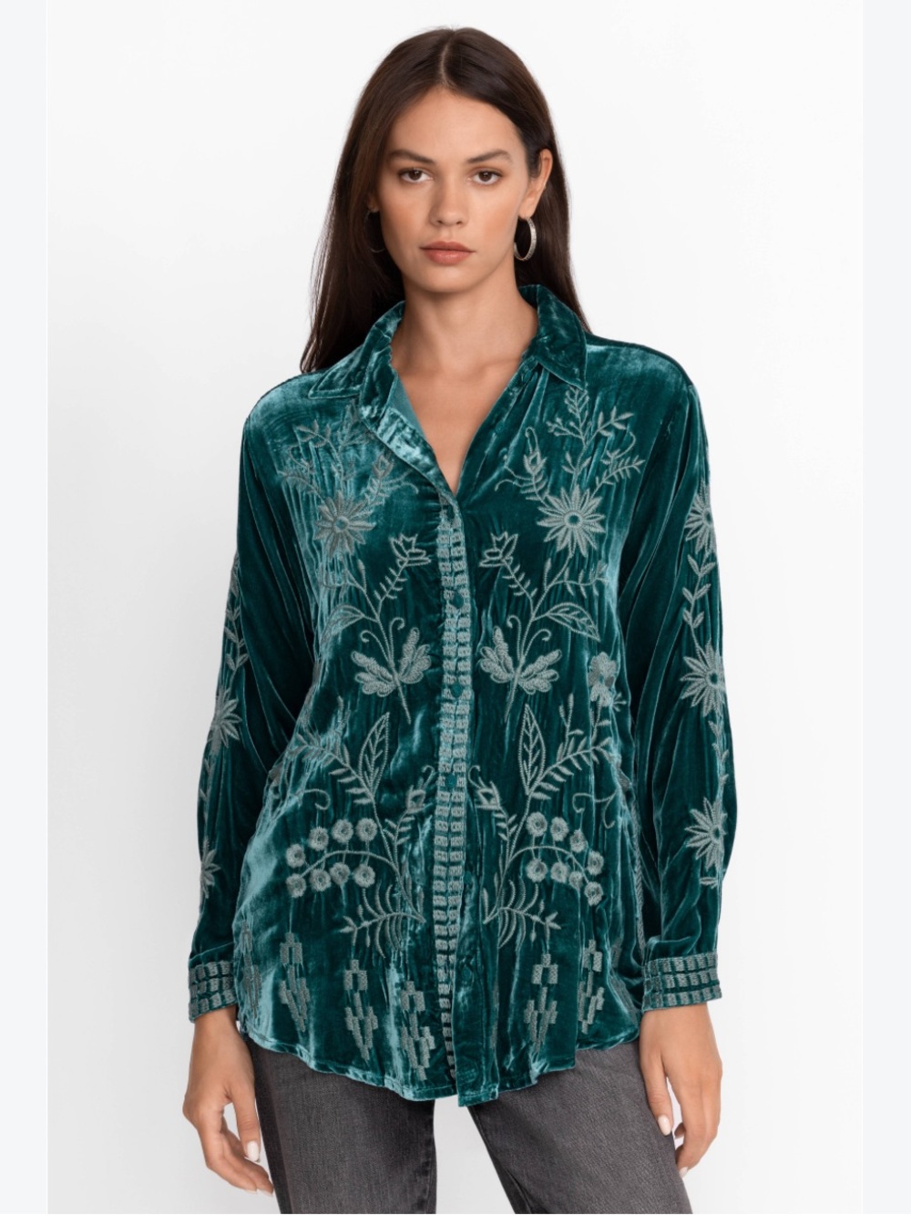 Johnny Was JWLA Georgina Velvet Green Embroidered Oversized Shirt Boho Chic XXL